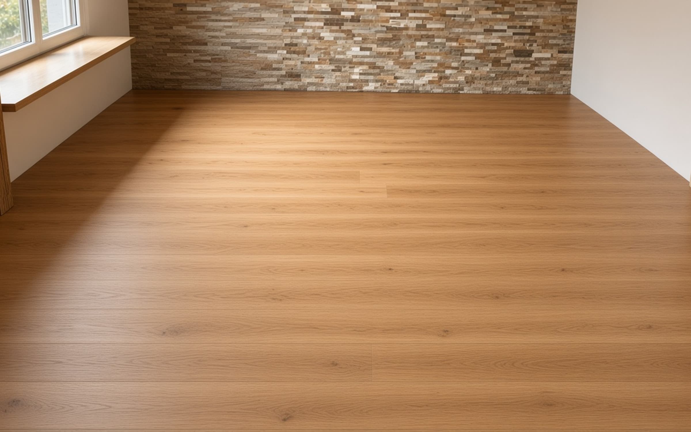 Frisch verlegter heller Holzboden in einem ruhigen Wohnraum. Erstellt mit KI.